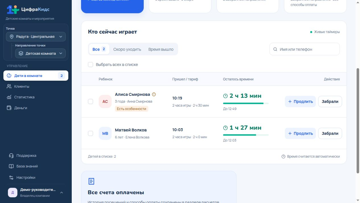Основные действия с посещением доступны рядом со списком играющих детей. Демонстрационные данные, все имена и показатели вымышлены.