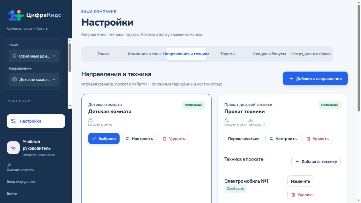 Направление — вид работы внутри точки — реальный экран ЦифраКидс с учебными данными
