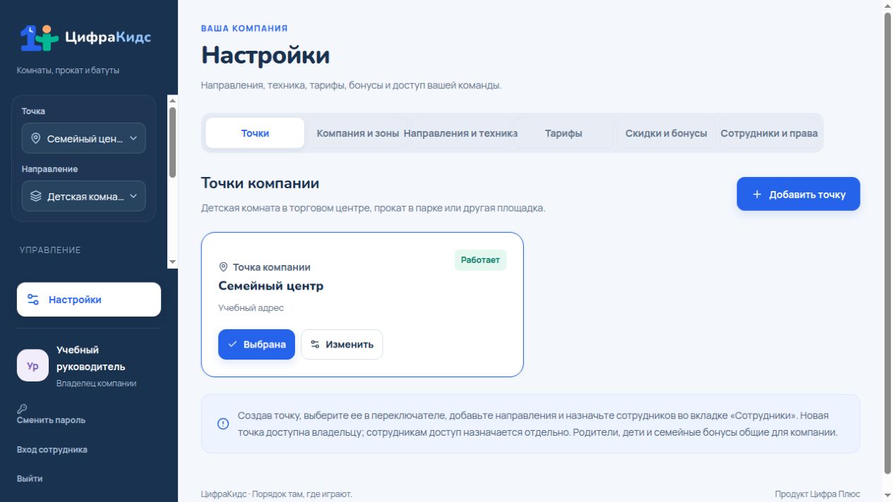 Точка — отдельная площадка — реальный экран ЦифраКидс с учебными данными