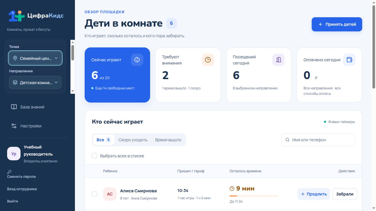 Прием ребенка: открытие окна, выбор семьи и тарифа, настройка длительности.